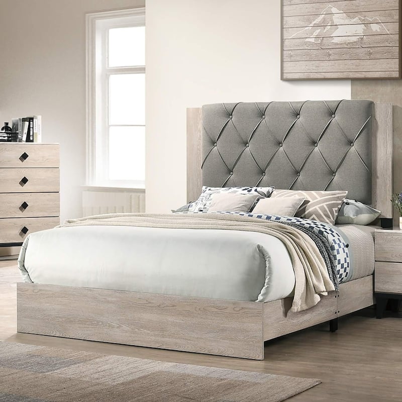 Contemporary 1pc Cream Finish California King Size Bed Bedroom Furniture Gray Tufted Design Headboard Rubberwood 1pc Bedframe