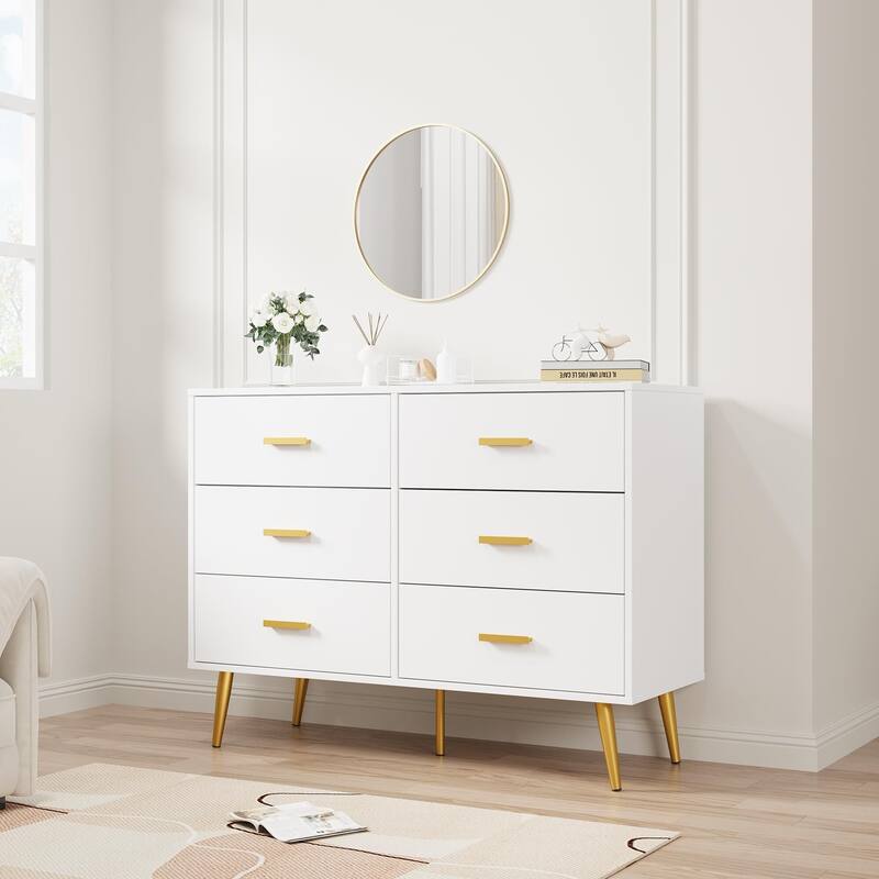 6 Drawer Dresser with Storage Space, Modern Wooden Dresser with Gold Handles