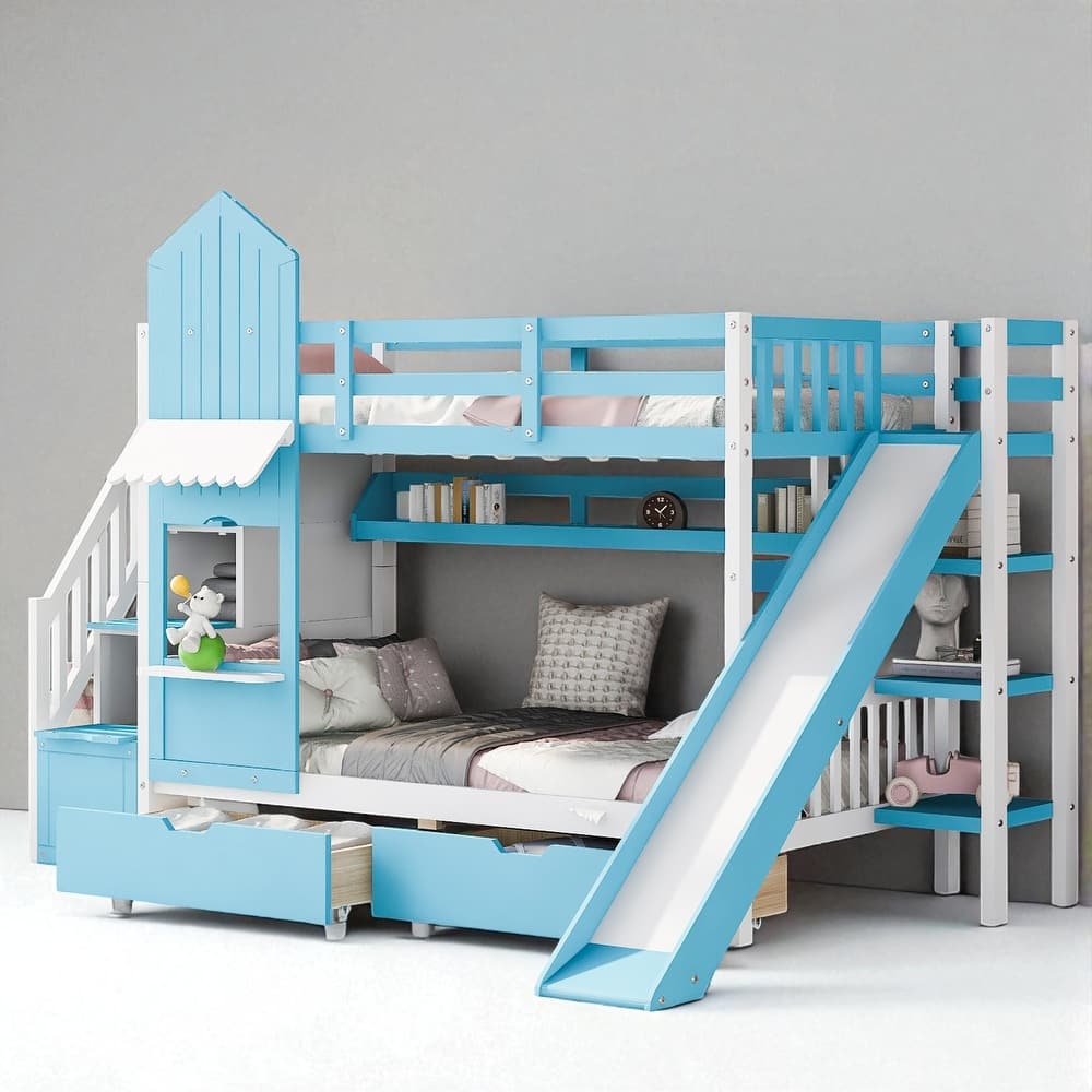 Castle Style Twin/Full Bunk Bed with Slide, 2 Drawers and 3 Shelves, Fence Design, Solid Wood Frame