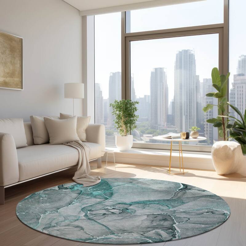 Machine Washable Indoor/ Outdoor Abstract Chantille Rug - 8' x 8' - Teal