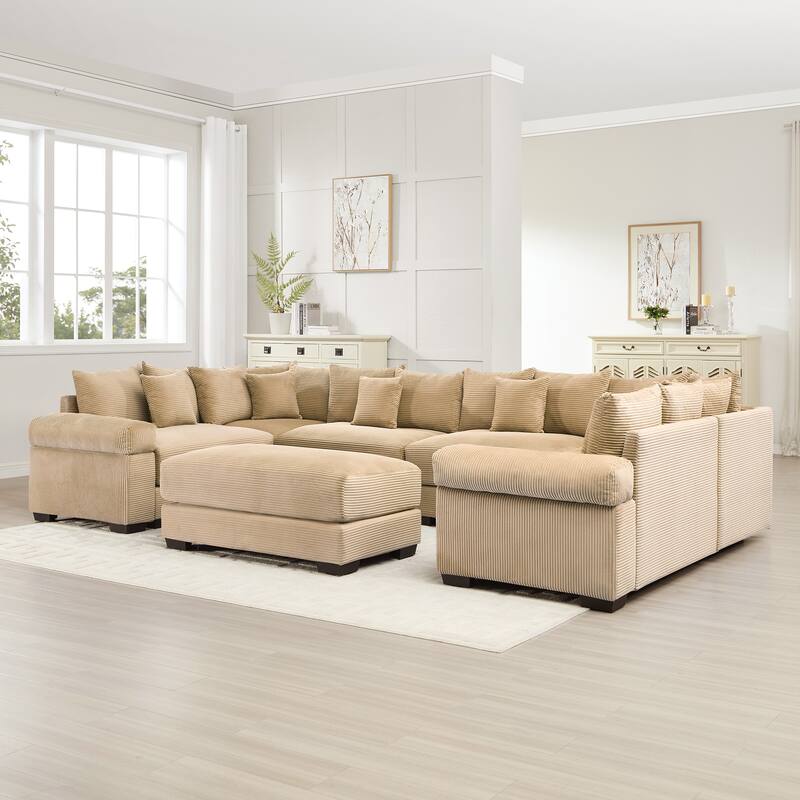 6-Seat Convertible Cloud Corduroy Modular Sofa with 1 Ottoman & Throw Pillows