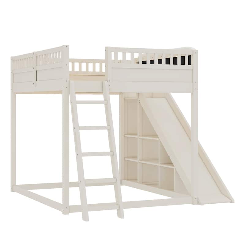 Queen/Full Loft Bed with Upholstered Headboard, Storage & Slide