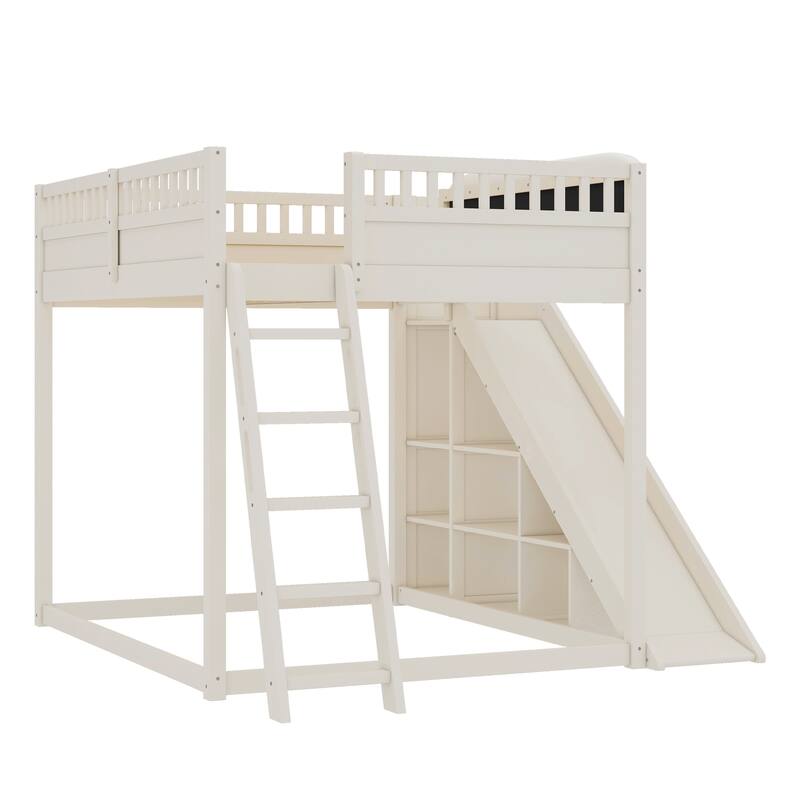 Roomfitters Loft Bed with Upholstered Headboard and Slide, Storage Shelves and Ladder