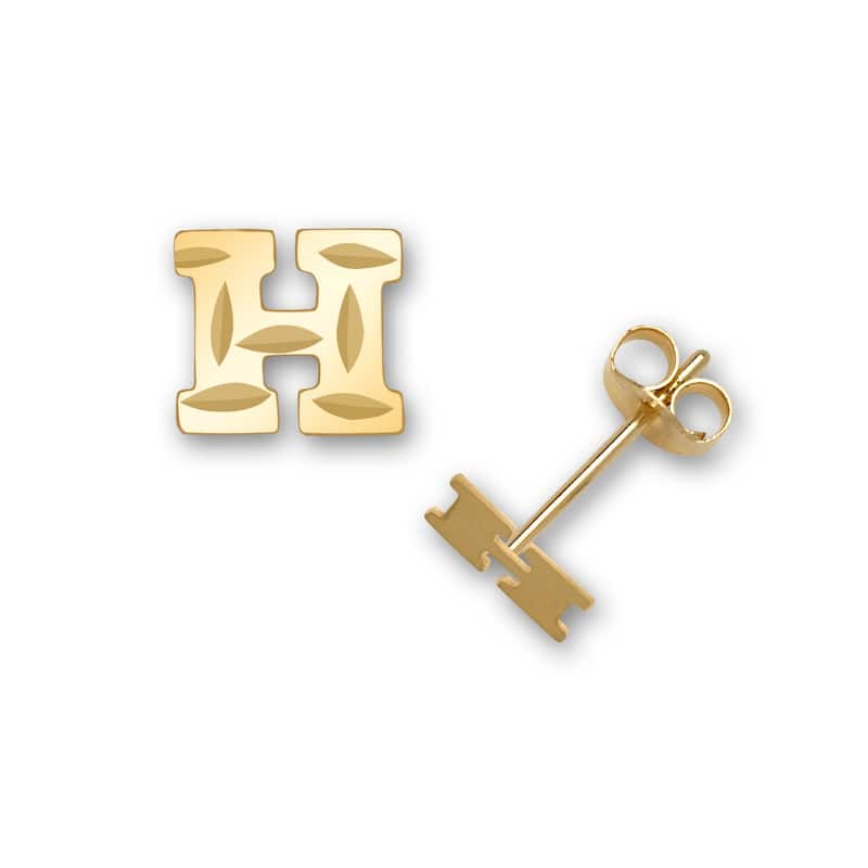 Curata Solid 14k Yellow Gold Diamond-cut Monogram Initial Pair Earrings - Orange - H