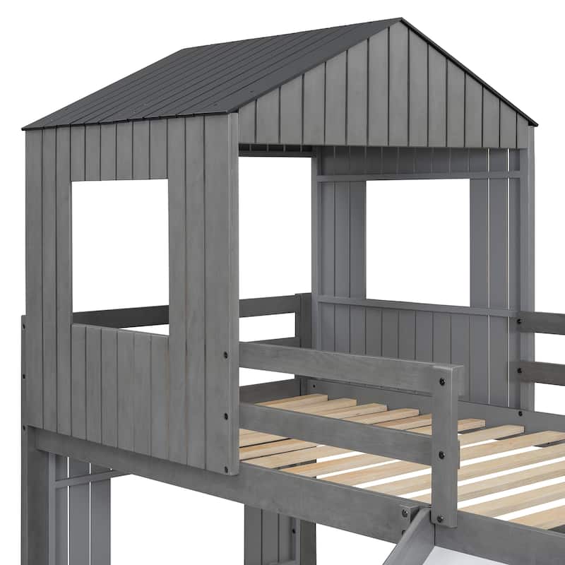 Wooden Twin Over Full Bunk Bed, Loft Bed with Playhouse, Farmhouse, Ladder, Slide and Guardrails, Antique Gray