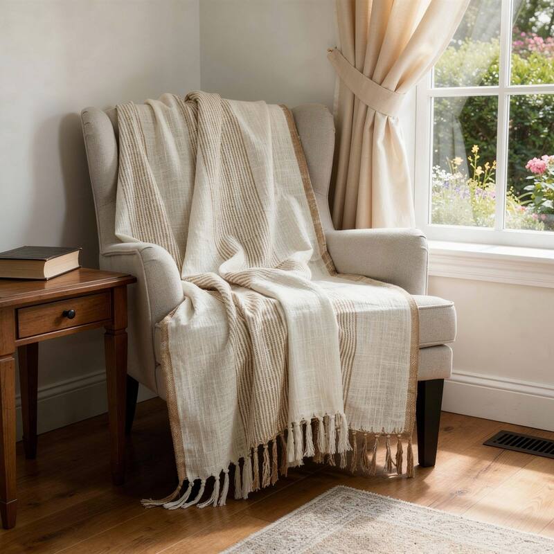 HomeRoots 50" X 60" Ivory Cotton Woven Striped Throw Blanket with Fringe - Throw - Ivory