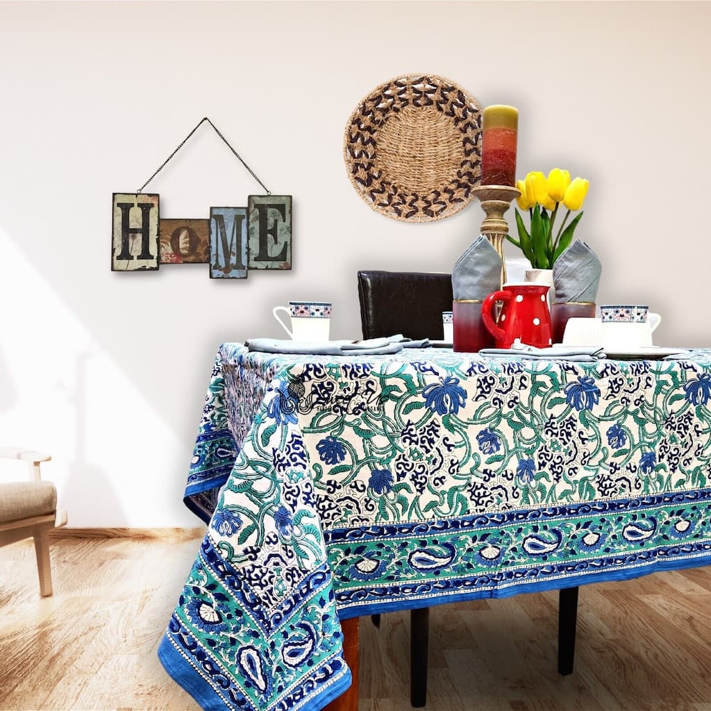 Block Print Cotton Verdant Floral Paisley Tablecloth Collection