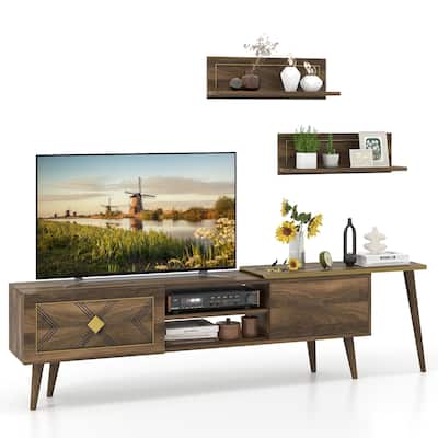 Walnut Engineered Wood TV Stand for 85" TVs with Storage and Floating Shelves - 75" L x 12.5" W x 20" H