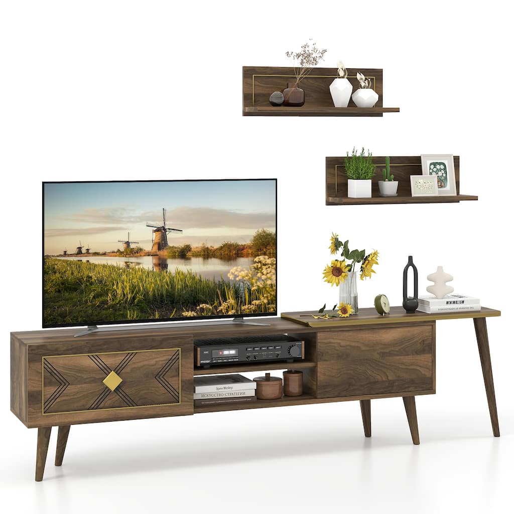 Walnut Engineered Wood TV Stand for 85" TVs with Storage and Floating Shelves - 75" L x 12.5" W x 20" H