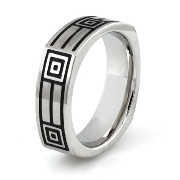 Squared Stainless Steel Ring w/ Greek Pattern