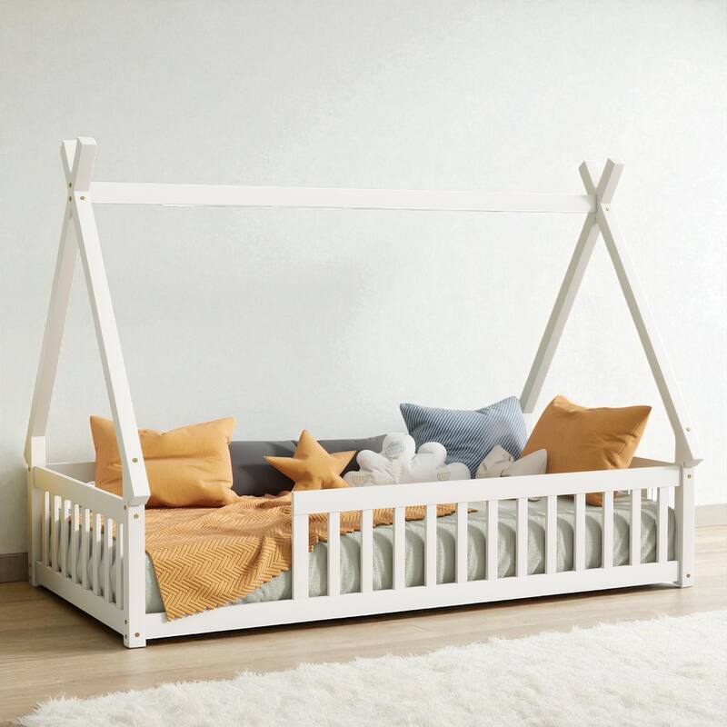 Twin Tent-Shaped Floor Bed with Guardrails, Low Platform Teepee Bed Frame with Slats, Solid Wood Design - White - Twin