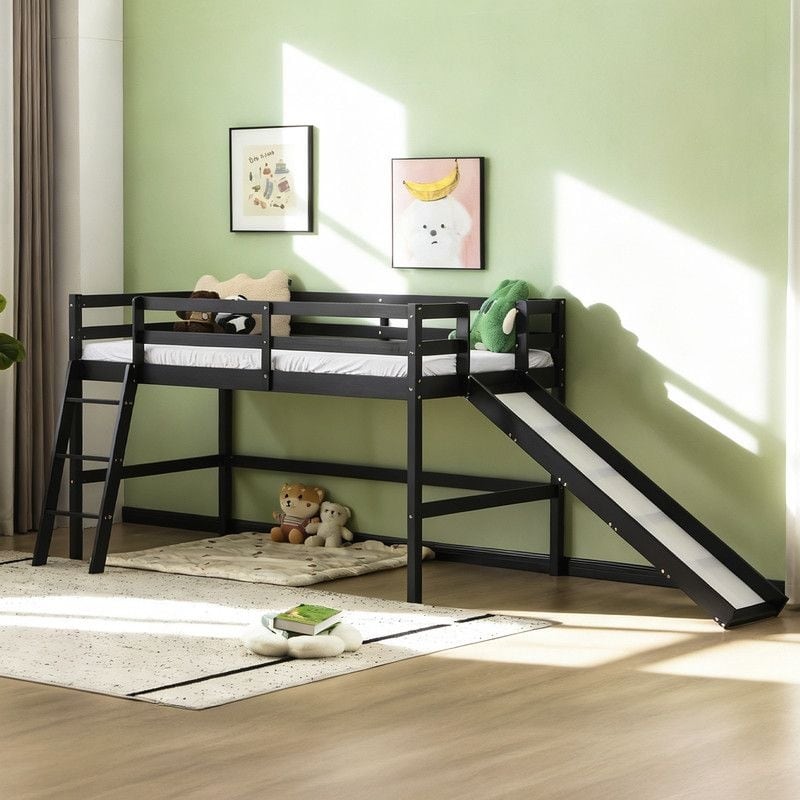 Loft Bed with Slide, Twin, Space Saving Kids Low Loft Bed with Guardrail and Ladder