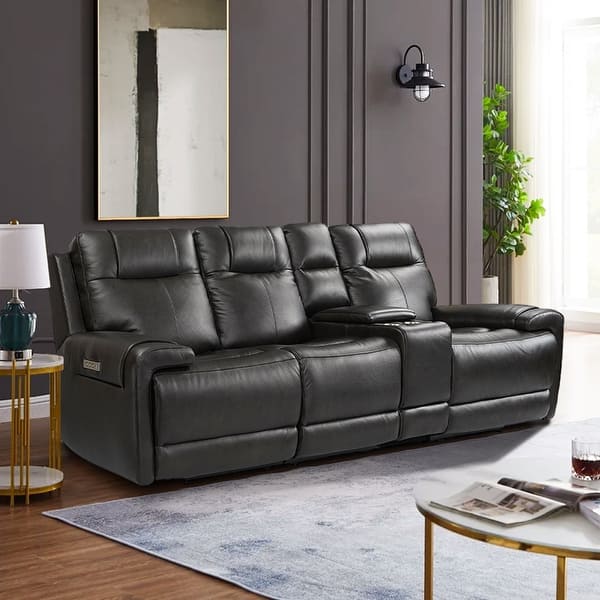 slide 2 of 9, 107" Wide Genuine Leather 3-seat Recliner Sofa Reclining Sofa Couches for Living Room with Storage Console, Adjustable Headrest Black