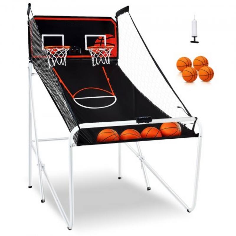 Black-White Steel Dual Hoop Basketball Arcade Game with 8 Games and Foldable Frame - 82” L x 44” W x 81” H - White/Black