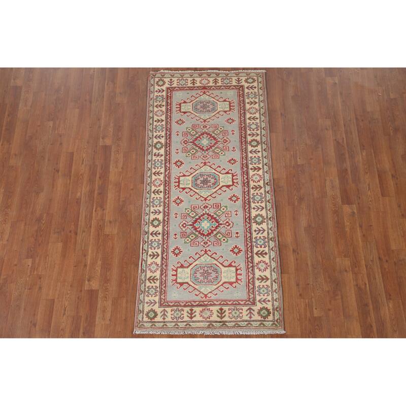Hand Knotted Oriental 100% Wool Carpet Traditional Geometric Greys & Charcoal Kazak Area Rug - 6' 0'' X 2' 9''