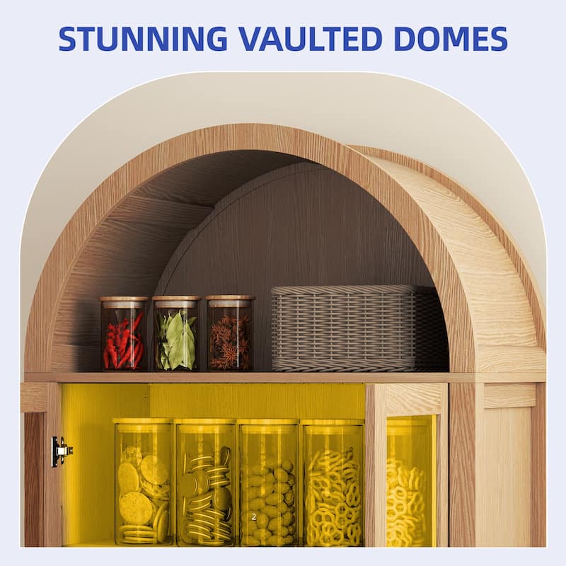 Moasis 71 Inch Tall Arched Display Cabinet with LED Lighting and Glass Doors for Living Room or Dining Room Storage