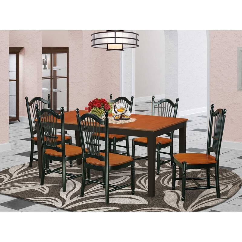 HomeStock 7-Piece Black and Cherry Finish Solid Wood Top Dining Table with 6 Chairs with Lattice Back