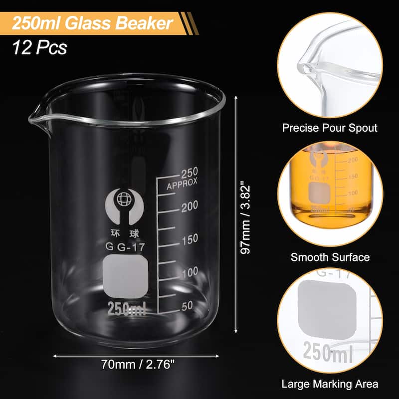 Low Form Glass Beaker, 12 Pack Glass Graduated Scale Measuring Cups - 250ml