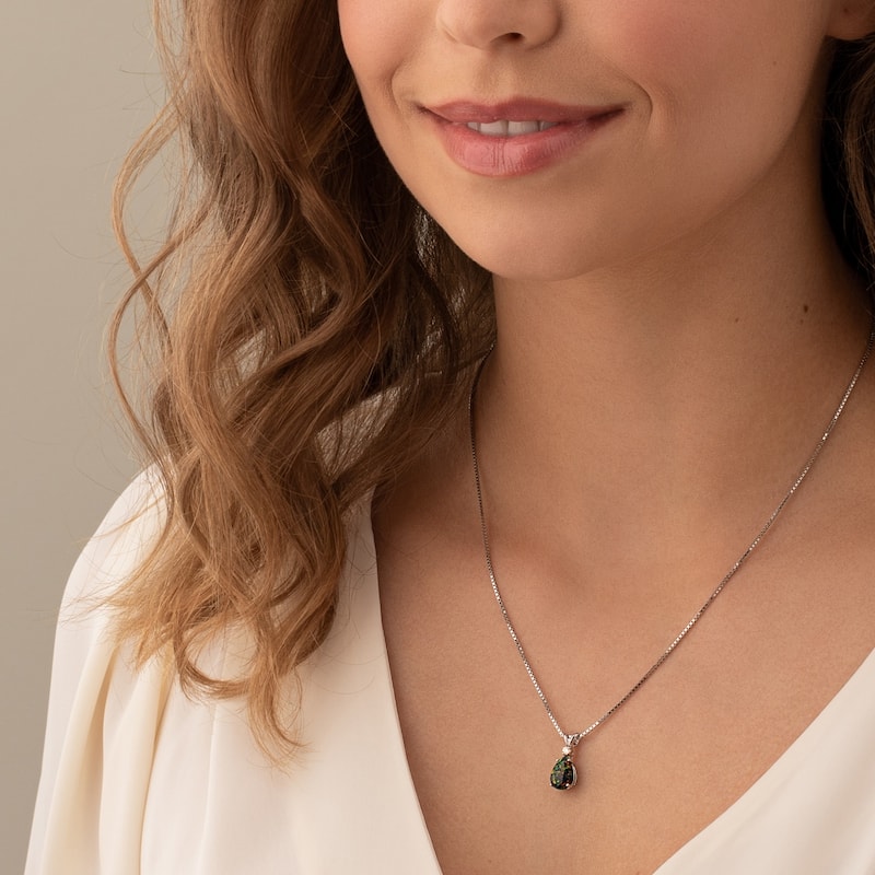 Oravo 14k White Gold Pear Shape Created Black Opal Diamond Pendant