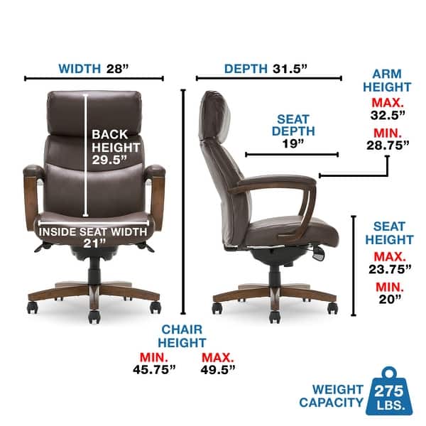dimension image slide 2 of 3, La-Z-Boy Modern Greyson Executive Office Chair, Ergonomic High-Back with Lumbar Support, Bonded Leather