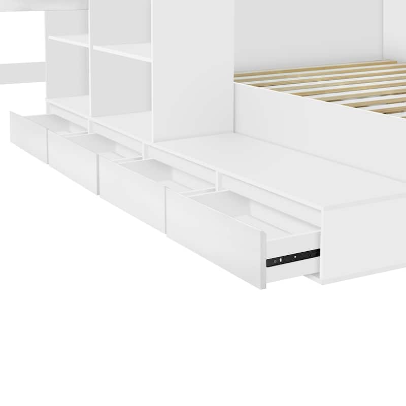 Full Size Corner Bed Frame with 6 Drawers, Wood Platform Storage Bed with Shelves and Wardrobe & Desk, Modern Floor Bed Frame