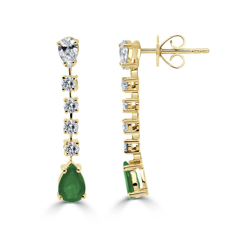 Joelle Collection Emerald & Diamond Dangle Earrings 14K Gold 1 Inch Drop - Green - Emerald - Yellow