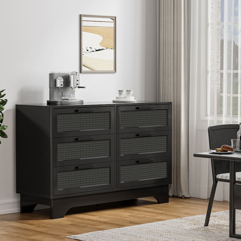 Anmytek Modern Black 6-Drawer Double Dresser for Bedroom Wood Rattan Chest of Drawers