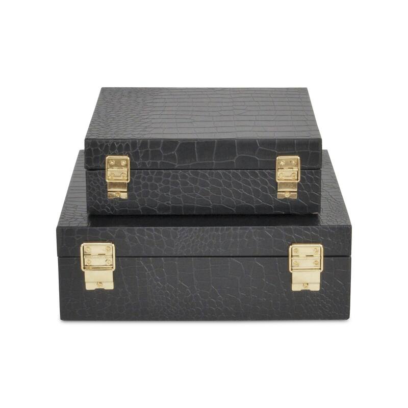 Set of 2 Black Square Faux Croco Decorative Box with Handles 9.75"