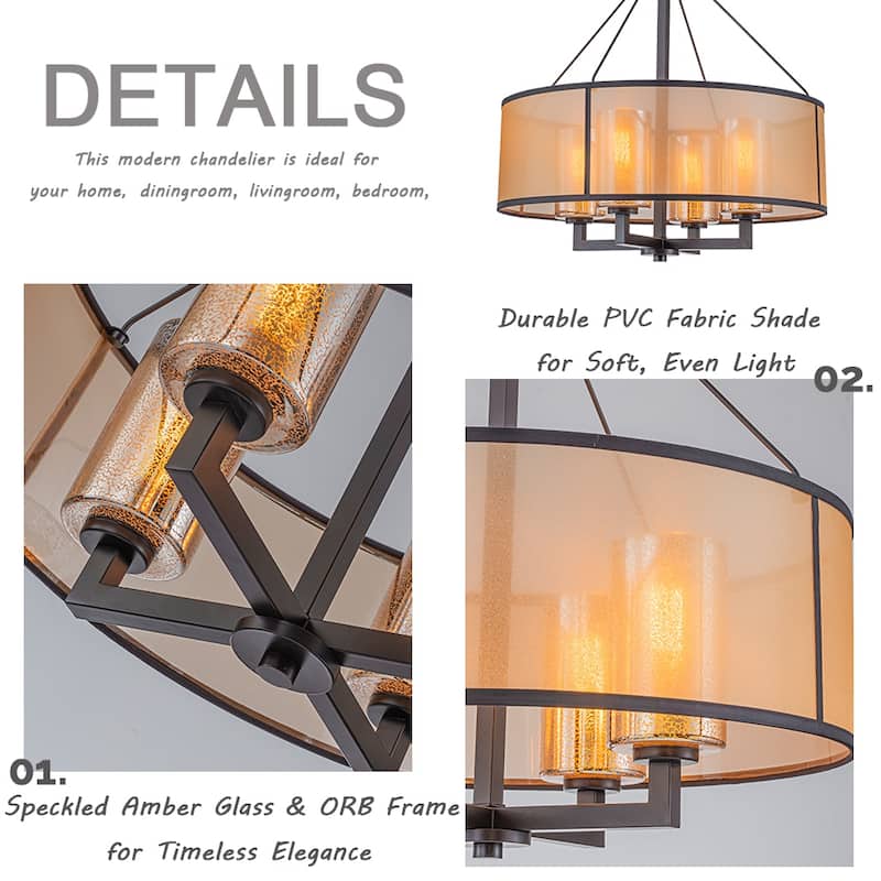24-Inch 4-Light Oil Rubbed Bronze Modern Farmhouse Chandelier Drum Shade Mercury Glass for Dining Room Living Room - W24''