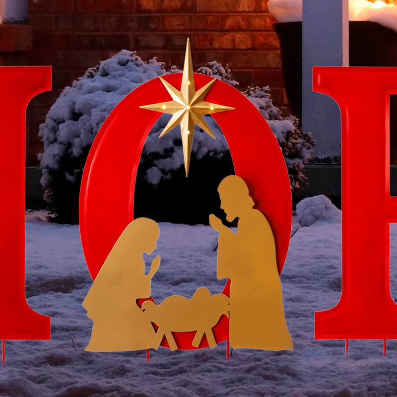 Glitzhome 32"H Lighted Metal HOPE Yard Stake Wall Decor with Timer (3 Functions) - Red