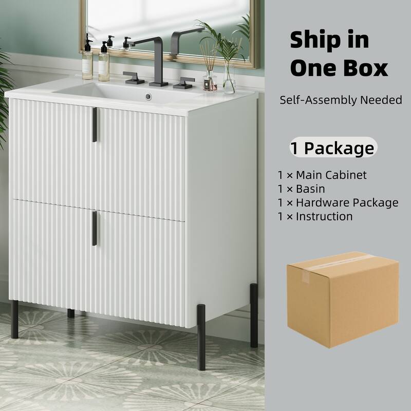 30" Bathroom Vanity with Ceramic Sink, Fluted Design, Full-Extension Drawers, Soft Close Drawer Slides