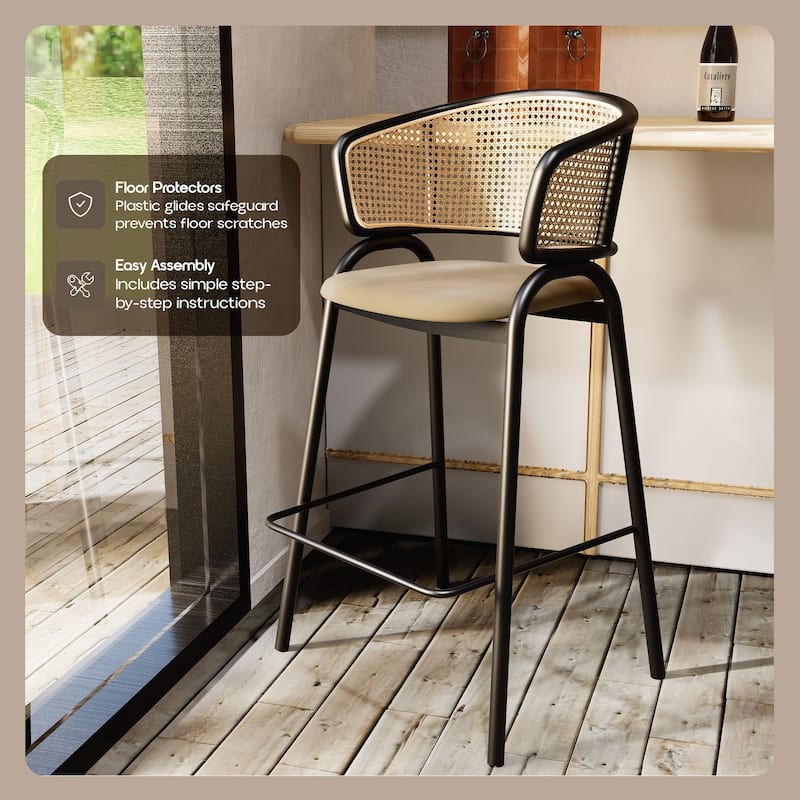 LeisureMod Ervilla Modern Wicker Leather Bar Stool with Curved Back & Stainless Steel Frame for Home & Kitchen