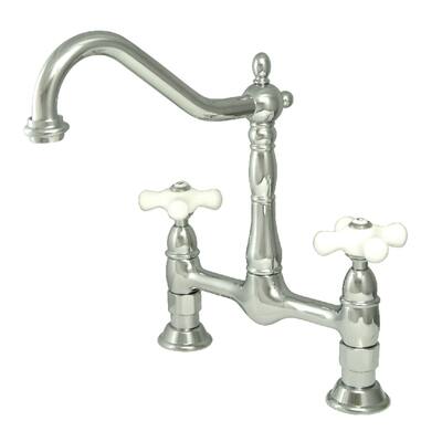 Kingston Brass Heritage Bridge Kitchen Faucet with Porcelain Cross