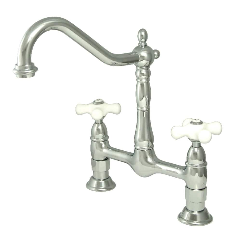 Kingston Brass Heritage Bridge Kitchen Faucet with Porcelain Cross