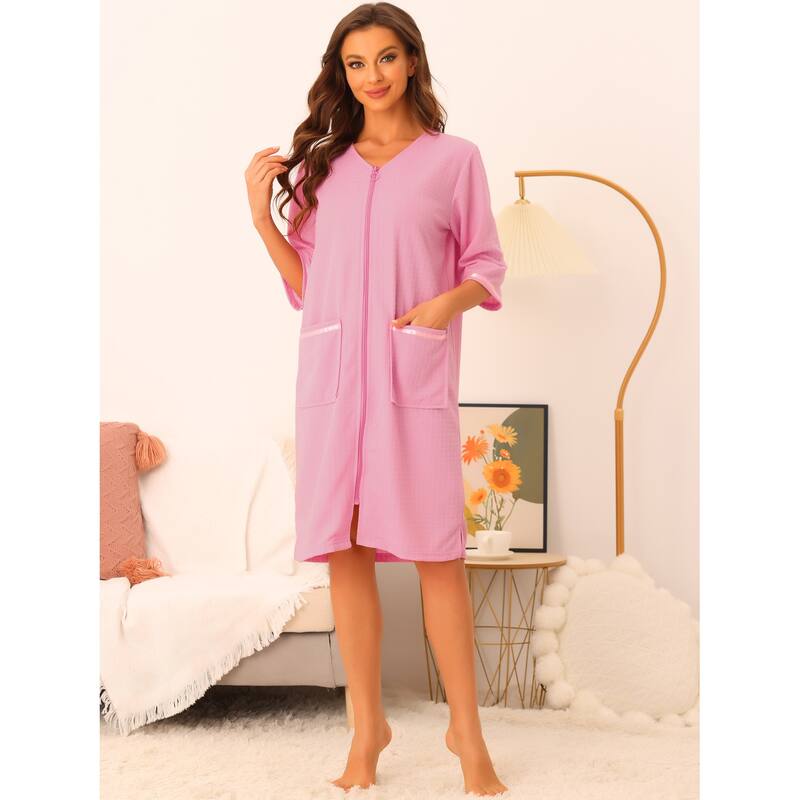 Women's Waffle Robe 3/4 Sleeves Spa Bathrobe Loungewear Zipper Up Robes - Pink - M
