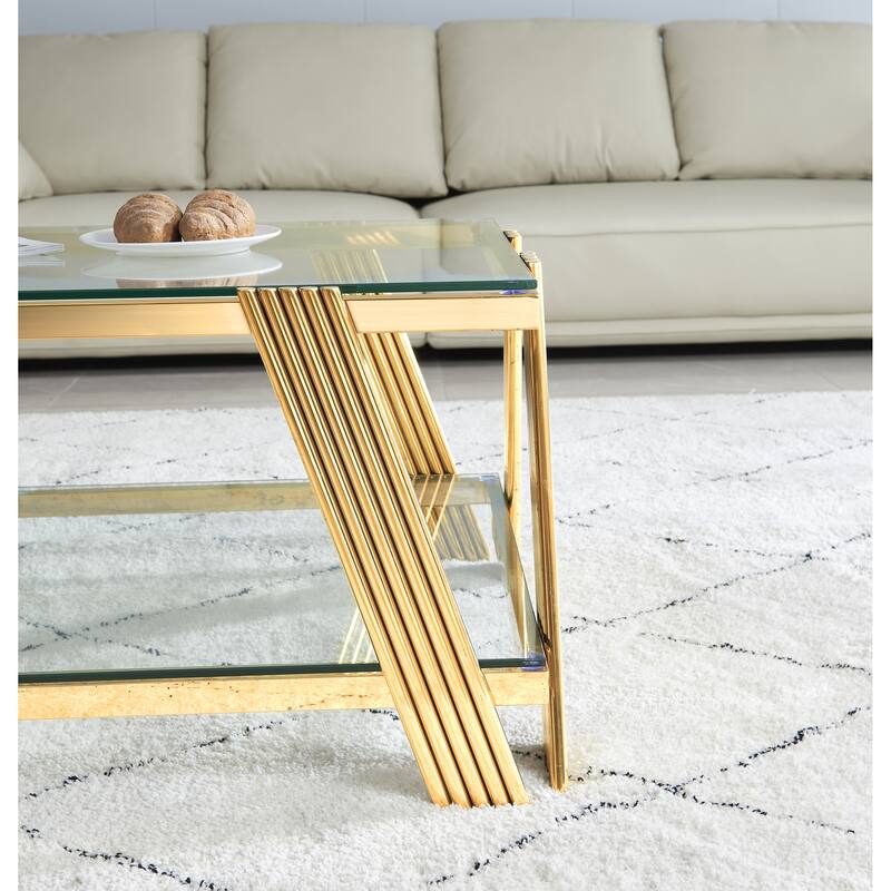 Modern Stainless Steel Coffee Table 2 Tier Tempered Glass Coffee Table with Storage Space, for Living Room, Silver