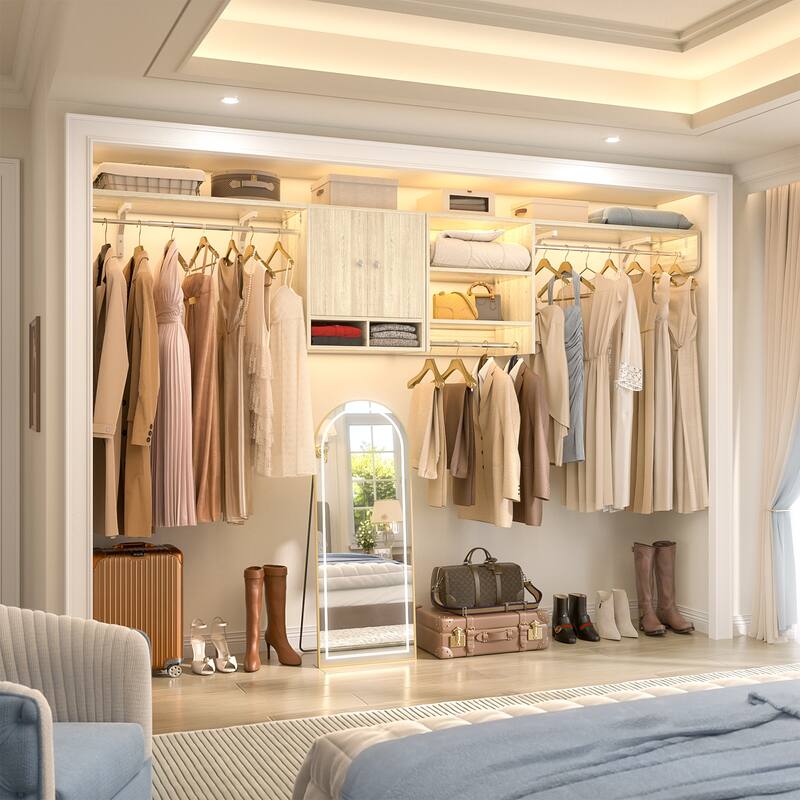 88.4'' - 117.8'' Closet System (Can Be Cut To Fit), Reversible Laundry Wall Cabinet with 3 Hanging Rods & Adjustable Shelves