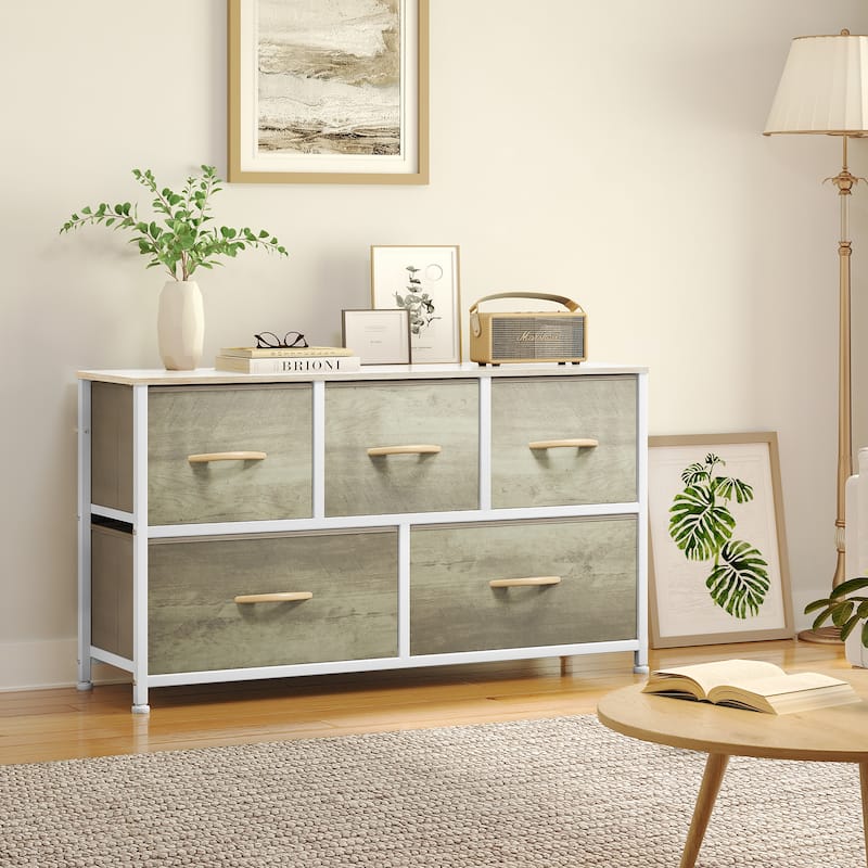 5-drawers Storage Horizontal Bedroom Dresser, Child Dresser with Wood Tabletop - 2PCS Oak Grain