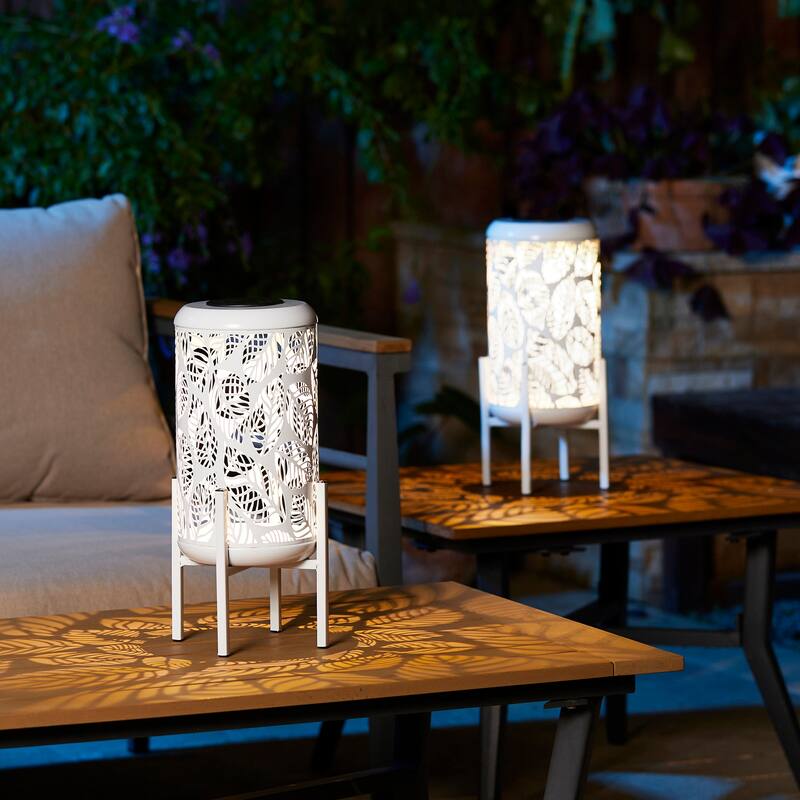 Glitzhome 14"H Outdoor Metal Cutout Flower/Leaves Solar Light Standing Lanterns Waterproof