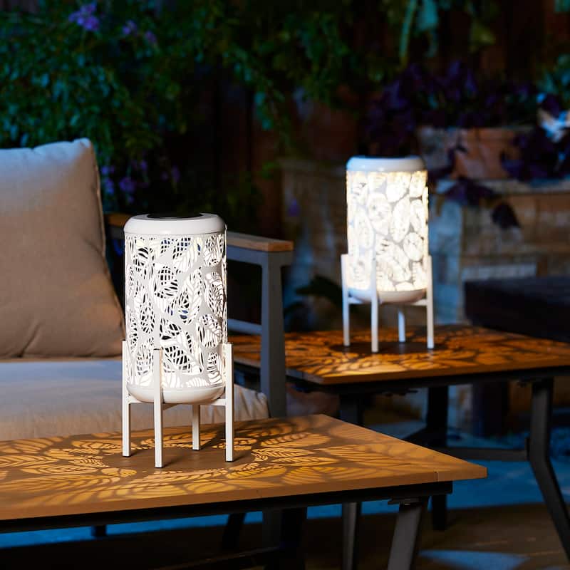 Glitzhome 14.25"H Set of 2 Metal Flower Cutout Solar Lanterns Floor Lantern