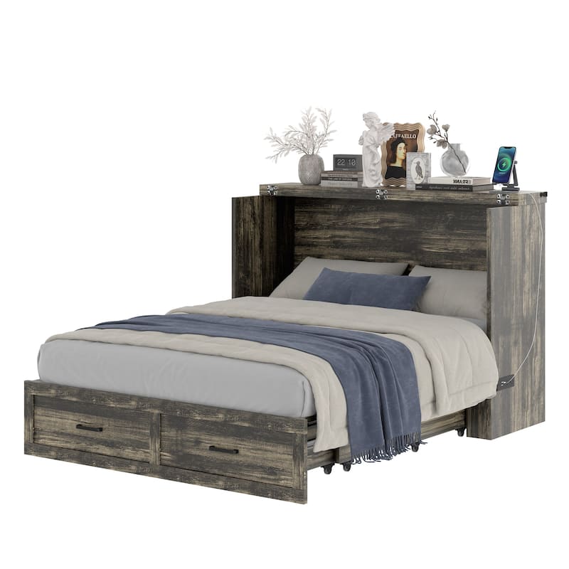 Murphy Bed Cabinet Queen Size with Charging Station, Multi-Functional Foldable Platform Bed with 1 Large Storage Drawer