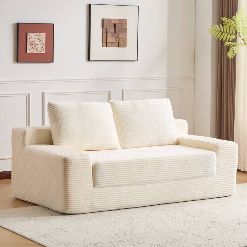 Floor Corduroy Deep Seat Loveseat Sofa with Folding Mattress Convertible Sleeper Sofa Bed with Reversible Cushion and Pillows - White