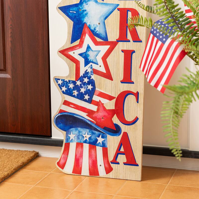 Glitzhome 42"H Lighted Patriotic/ Americana Wooden Stacked Stars Porch Sign with Timer