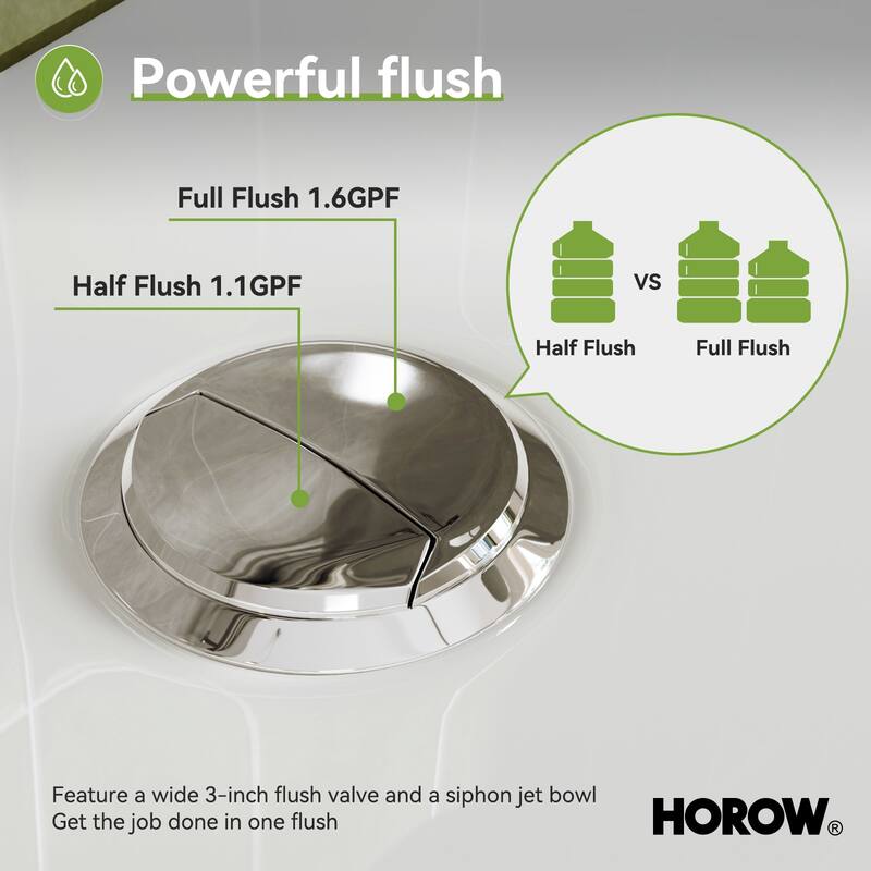 HOROW 17 Inch ADA Chair Height 2 Piece High Efficiency Dual Flush Round Toilet White 1.28 GPF Strong Flush Soft Close Seat