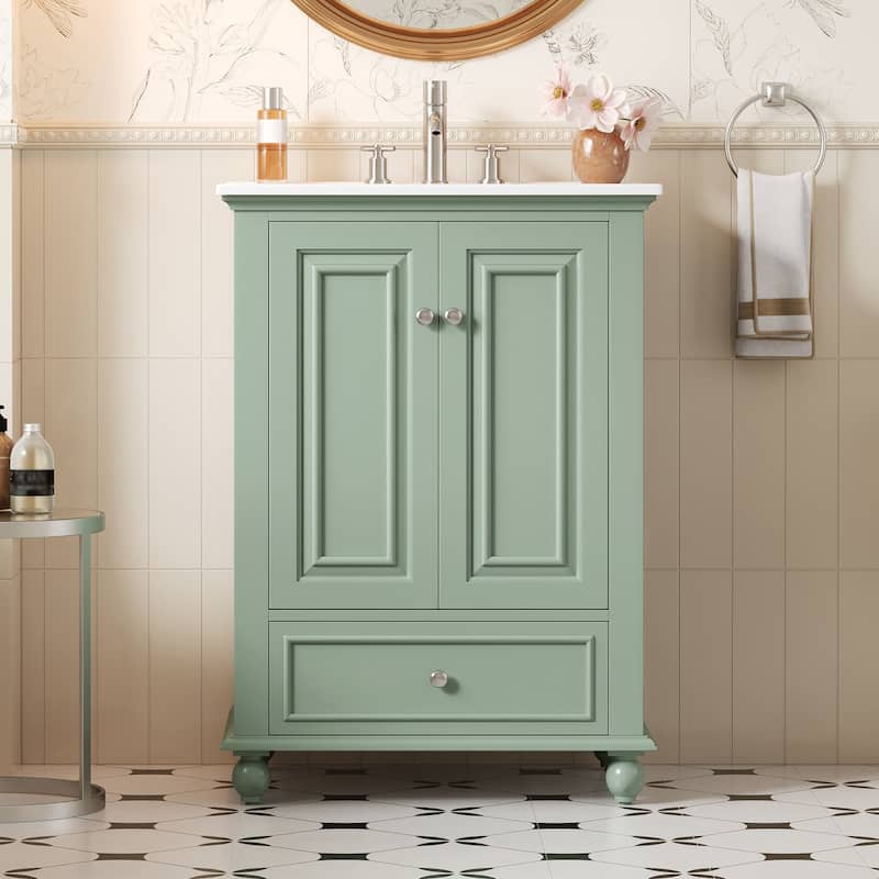 Soft Closing Doors Bathroom Vanity Cabinet with Ceramic Sink - Green - 24 Inch