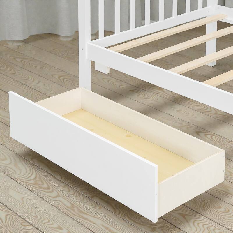 Twin/Full Size Wooden House Bed with Roof and 2 Drawers, Kids Platform Bed with Storage, Solid Pine Frame