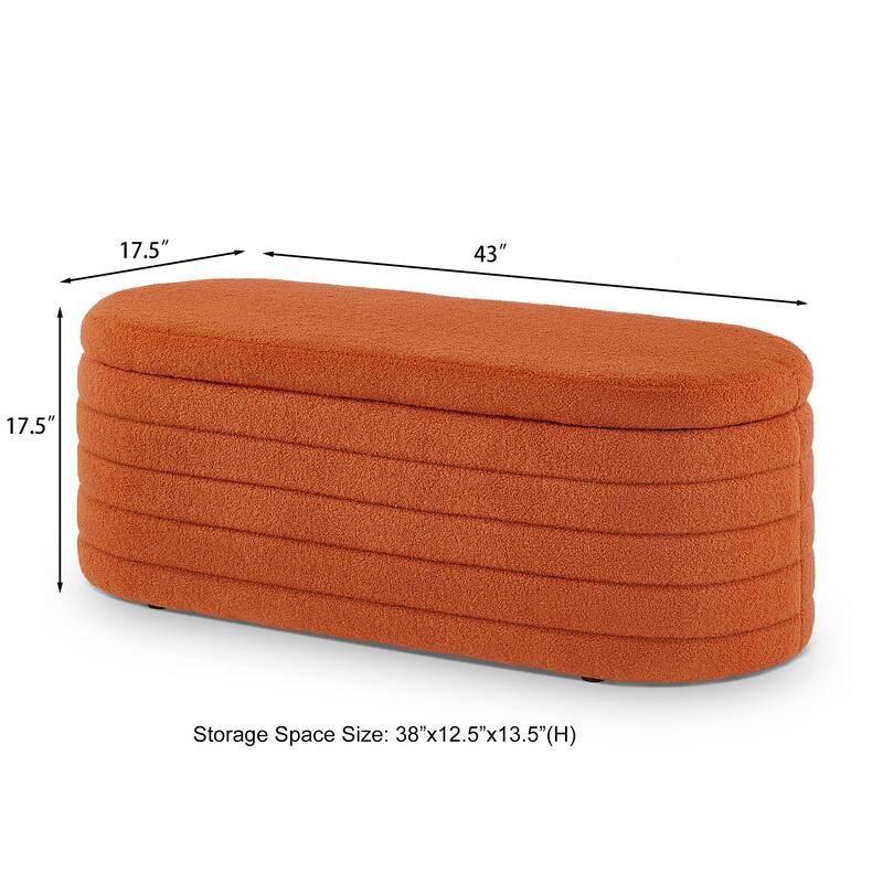 Modern Oval Storage Ottoman Bench,Boucle Teddy Fabric End of Bed Bench with Storage,End of Bed Stool with Safety Hinge