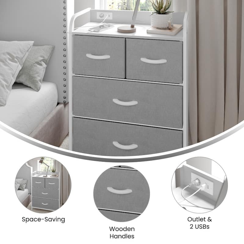4 Fabric Drawer Nightstand with 2 USB Port/1 Outlet Charging Station