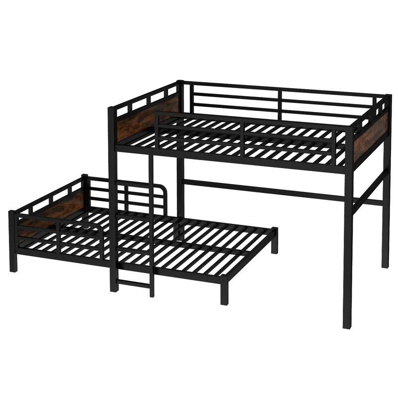 Roomfitters Twin/Full/Queen Metal Bunk Bed & Loft Bed with Raised Safety Fence, Convertible Platform Design, Vintage Wood