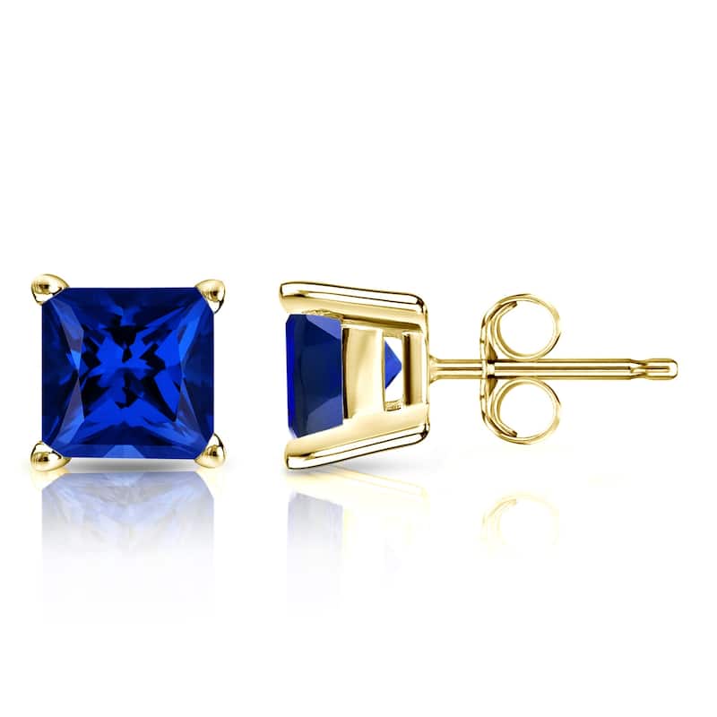 Auriya 14k Gold Lab Grown Gemstone Blue Sapphire Stud Earrings Princess 0.25 to 5.00 ct. tw. 4-Prong Basket Push-Back - 0.75ct tgw. - Yellow